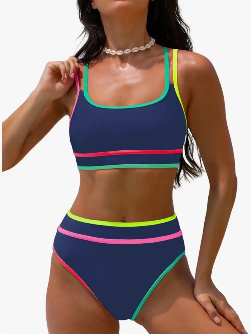 Women’s Navy High-Waist Bikini with Neon Trim